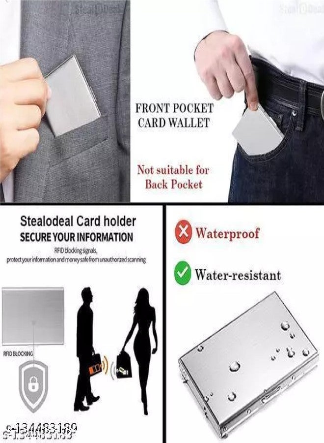 QUAKEL محفظة بطاقات ائتمان من الفولاذ المقاوم للصدأ فائق النحافة من كويكل، مزودة بتقنية حجب RFID، حافظة بطاقات عمل معدنية رفيعة للسفر والعمل، مناسبة للرجال والنساء، هدية رائعة للعائلة أو الأصدقاء (فضي) 6 فتحات - Image 2